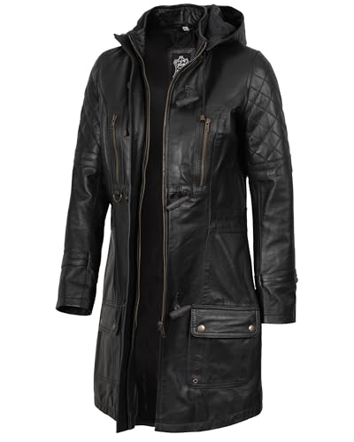 fjackets Lambskin Women Long Coat - Real Leather Zip Up Hoodie Jackets For Womens