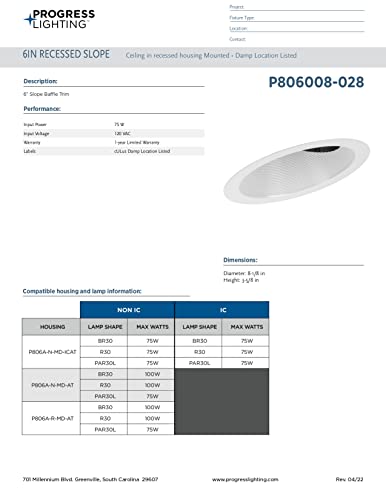 Progress Lighting P806008-028 6 Inch Recessed Sloped Ceiling Step Baffle Trim Satin White 6 Inch Housing thumb #8