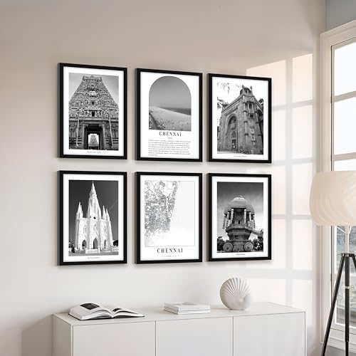 Image of PAINTINGMANTRA Framed Painting A3 Chennai Wall Art Prints Pack of 6, Heritage Landmark Framed Wall D cor,Famous Temples, Historic Monuments, Photos for Living Room,Bedroom,Office Decoration (32x44 cm)