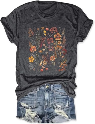 Women's Boho Flower T Shirt Vintage Flowers Printed Shirt Colorful Wildflower Graphic Tee Casual Botanical Short Sleeve(L,Dark Grey-1)