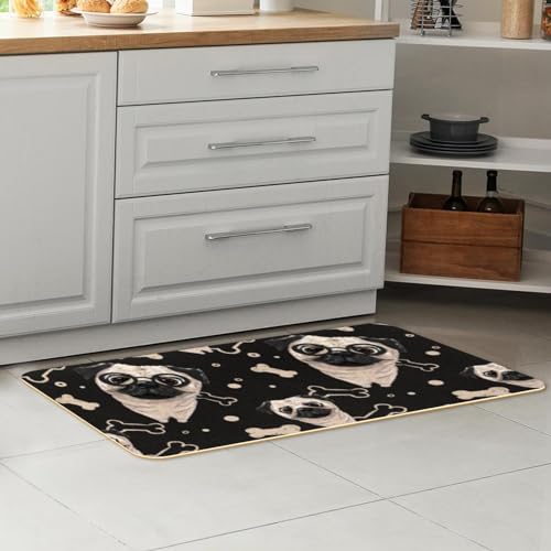 Tapis de cuisine carlin noir et os lot de 2 absorbants lavables pour buanderie