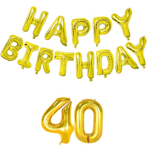 Image of Flyloons 40th Golden Colour Happy Birthday Foil Balloon Banner Set for 40 Year Boys Girls Men Women|with Number Forty|13 Letters Reusable Happy Birthday Metallic Foil Balloons Decoration Kit, 15 Pcs