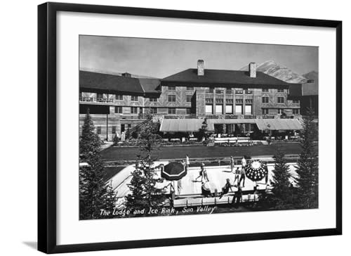 ART.COM Wall Art Print Sun Valley, Idaho - View of Lodge and Ice Rink on Black Frame by Lantern Press, 29" x 21"