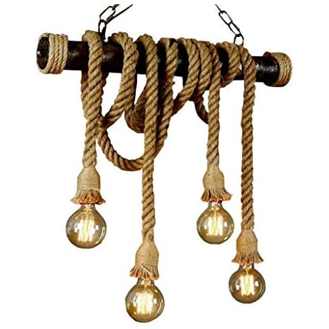 Hemp Rope Pendant Light Retro Industrial Loft Pendant Lamp E27 Vintage Metal Hanging Lamp Adjustable Height Hand-Woven Chandelier Country Cafe Bar Kitchen Restaurant Office Living Room Ceiling Lamp Cover