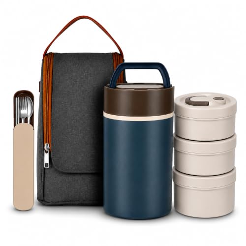 Image of YELONA 3 Layer Vacuum Insulated Lunch Box with SUS316 Stainless Steel Containers 1400 ML | Leak-Proof Food Storage Tiffin | Thermal Hot Food Lunch Box for Office, School & Travel - Blue