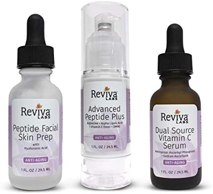 Reviva Labs Anti-Aging Trio Kit: 1 Peptide Facial Skin Prep + 1 Advanced Peptide Plus + 1 Dual Source Vitamin C Serum - (Bundle of 3 Products)