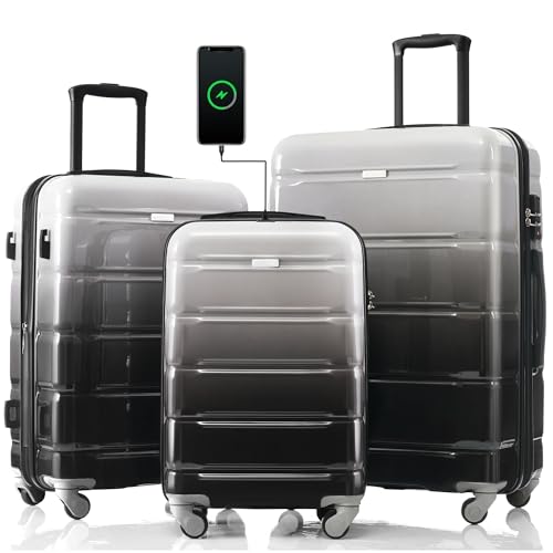 3-piece set of luggage with wheels and USB interface, which has passed the aviation certification. It is an ABS+PC hard shell luggage. (Black + ABS+PC)