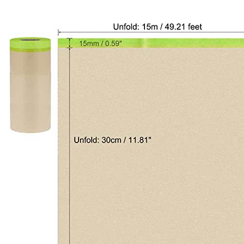 Image of uxcell Pre-Taped Masking Film, 11.81 inch x 49ft, Brown Paper Drop Cloth with Medium-Tack Painters Tape for Painting Protection 2Pcs