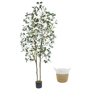Artificial Eucalyptus Tree, 7ft Tall Silk Leaves Fake Plant with Basket for Outdoor Indoor, 83” Faux Eucalyptus Trees for Home Office Livingroom Floor Décor