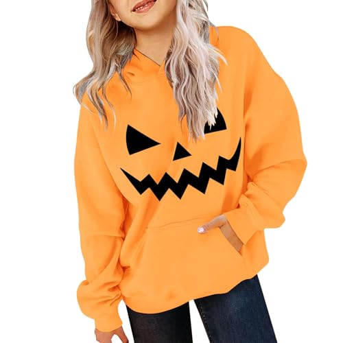 jieGorge Girls Boys Hoodie Halloween Pumpkin Print Sweatshirt Kids Long Sleeve Tops Halloween Oversized Pullover Hoodies Sweatshirts Childrens Clothes with Pockets Age 9-11 Years Orange