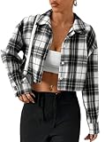 Remidoo Women's Casual Plaid Cropped Blouse Button Down Shirt Long Sleeve Crop Top Off-White Medium