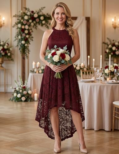 Image of Dressystar Women Halter Lace Wedding Guest Dress Hi-Lo Cocktail Party Bridesmaid Formal Dresses