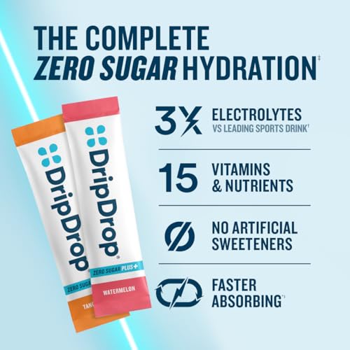 Image of DripDrop Hydration Zero Sugar Plus Electrolyte Packets, 16 Ct (Pack of 2) | Raspberry Lemonade, Watermelon, Tangerine, Tropical Punch; Sugar Free Powder Drink Mix; No Artificial Sweeteners, Low Calorie