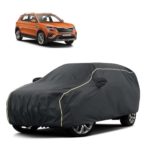 Image of Sulfar 100% Water Resistant Car Body Cover Compatible with Mirror for Skoda Kushaq (Triple Stitched, Full Bottom Elastic, Dark Grey Tafetta with Yellow Piping)