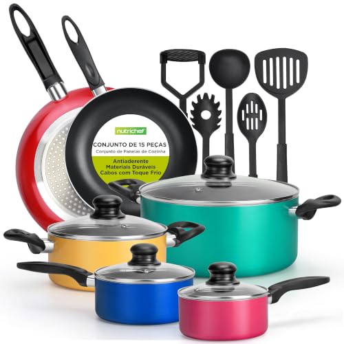 Jogo Panelas 15 Peças Antiaderente Com Utensílios Nutrichef Indução | Design Colorido, Inclui Caçarola, Panelas com Tampas de Vidro Temperado, Conjunto de Frigideiras e Utensílios