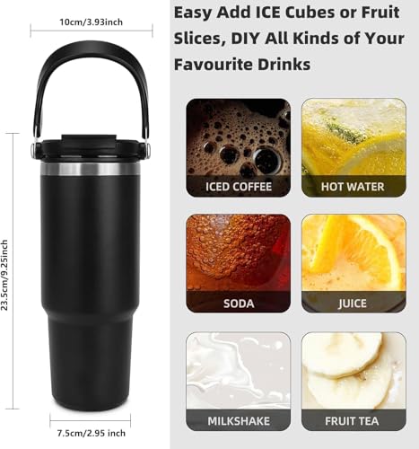 Image of CORPORATE PORIUM 900 ML Tumbler with Handle and Straw Lid Double Insulated Cup, vacuume Insulated Stainless Steel Tumblers for Hot & Cold Drink 100% Leakproof for Gym,Travel (Black)