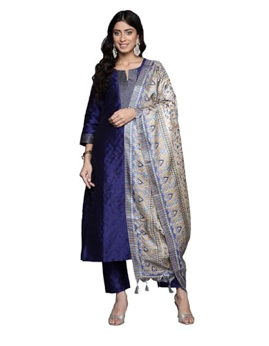 Image of Varanga Women Embroidered Straight Kurta Pant Set with Dupatta | Silk Blend Fabric | 3 /4 Sleeve Round Neck | Lightweight Comfortable Summer Wear