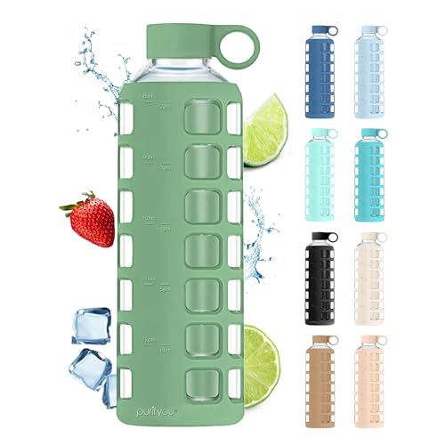 Image of purifyou 40oz / 32oz / 22oz / 12oz Borosilicate Glass Water Bottle with Time & Volume Markers, Silicone Sleeve, Stainless Steel Lid | Reusable Glass Bottle for Water & Juice (40oz Shale Green)