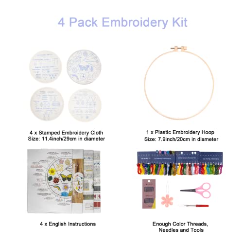 Vellbong Embroidery Kit For Beginners 4 Sets, Embroidery Stitch Practice Kit For Hand Craft Lover, Starters Cross Stitch Kits With Embroidery Cloth, Hoop, Color Threads, Scissors, Tools & Instruction #TOP3