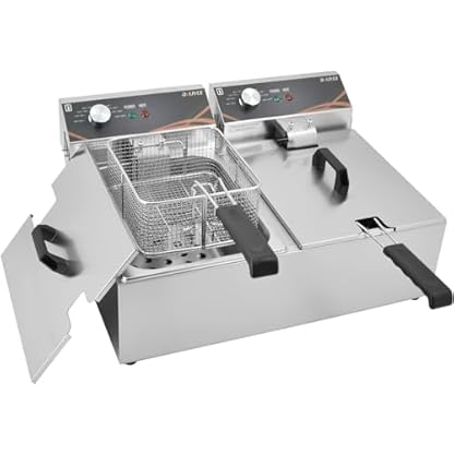 DULNICE Elektro-Fritteuse Edelstahl 6L*2 Doppeltem Korb & Deckel,Commercial Friteuse Mit Fett 3000W*2, Fritteuse mit öl Leicht zu Reinigen 60°C-200°C für Küche Kommerziell