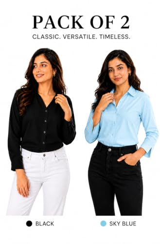 Image of FUNDAY FASHION Women Solid Regular Fit V Collered Casual Shirt (Pack of 2)
