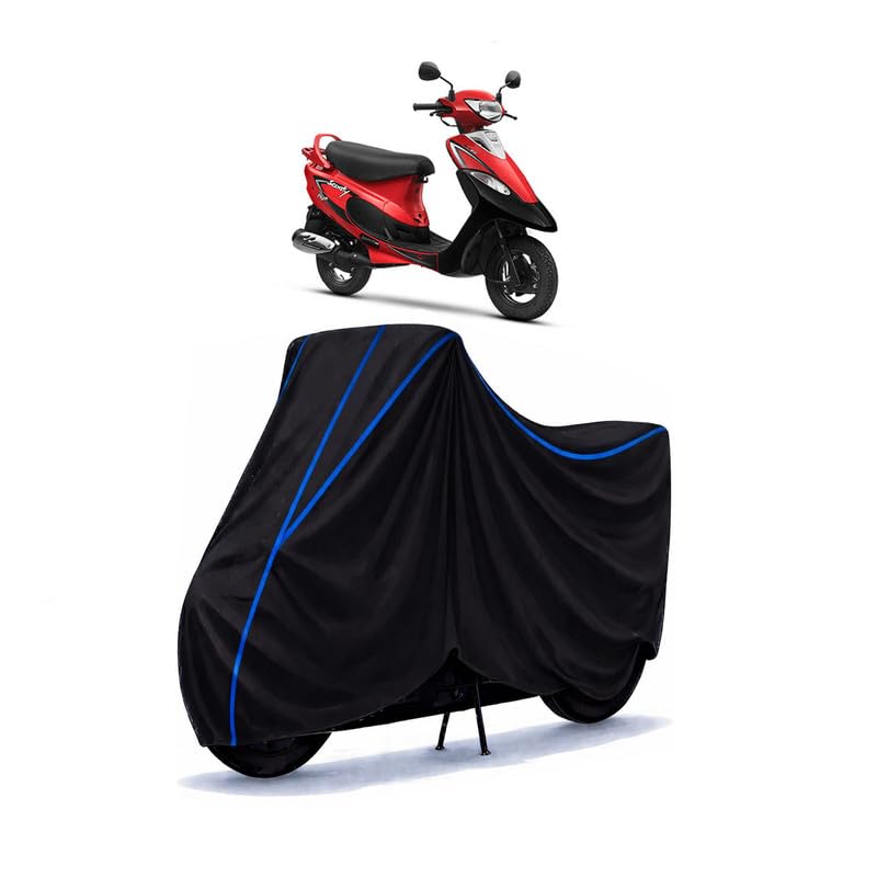 Image of Scooty Cover Water Resistant for Pep Plus Glossy | Universal Scooter & Bike Cover | Heavy Duty UV Dust, Rain & Scratch Protection | Elastic Fit All Weather Indoor Outdoor | Black with Blue Piping