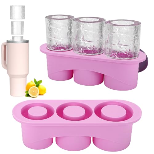 Auauraintt Eiswürfelform Silikon für Stanley Cup, Wiederverwendbare 3 hohle Zylinder-Eiswürfelformen, Silikon Eiswürfelform mit Deckel, BPA Frei,Zubehör für 20-40 oz, Stanley Cup eiswürfel (Rosa)