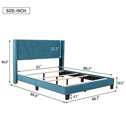 Anwick Queen Size Velvet Upholstered Platform Bed,Upholstered Platform Bed Frame With Headboard,Box Spring Needed,Easy Assembly (Blue) #TOP1