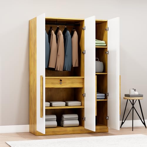 Image of Bniture 3 Door Wardrobe for Bedroom with Lockable Door & Hanging Space | Almirah for Clothes with Elevated Bottom Base | Wardrobe for Storage Cupboard | 3 Years Warranty (Frosty White, 3 Door