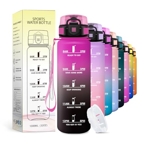 JAPORIA Borraccia Sport 1L, Borraccia con Filtro, Bottiglia Acqua Sportiva con Indicatore del Tempo, per Scuole, Campeggio, Viaggio, Corsa, Ufficio