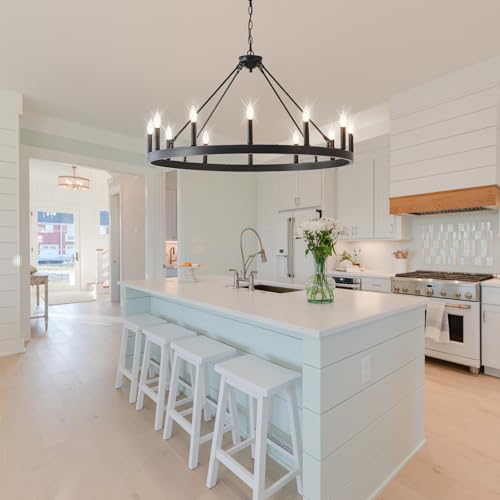 Jtyp WWC-40-E12-12 Inch Black Farmhouse Wagon Wheel Chandelier,12-Light Round Industrial Pendant Light Fixtures For Outdoor Porch High Ceilings Living Dining Room Foyer Entryway thumb #1