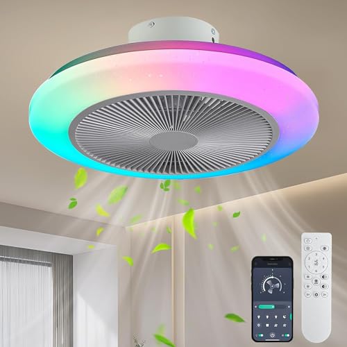 EKDADL 50CM RGB Ceiling Fan Flush Mount Modern Indoor LED Dimmable Low Profile Ceiling Fans with Lamps APP Smart Ceiling Fans with Lights and Remote 3 Light Color Adjustable and 6 Speeds
