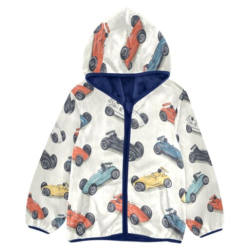 Racing Cars Pattern Print Toddler Fleece Jacket Girl Boys Hooded Fleece Jacket Coat Warm Outwear Zip-up 3-10T