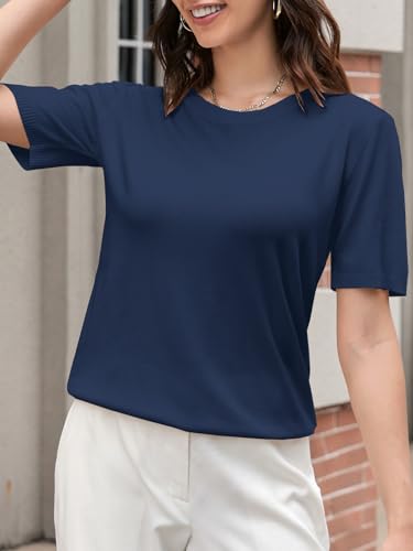 Image of SANGTREE Short Sleeve Sweater for Women Crewneck Summer Knit Tops | Summer Knit Pullover Tops.Perfect for Daily,Work,Home,Holiday,Travel,Shopping Etc.