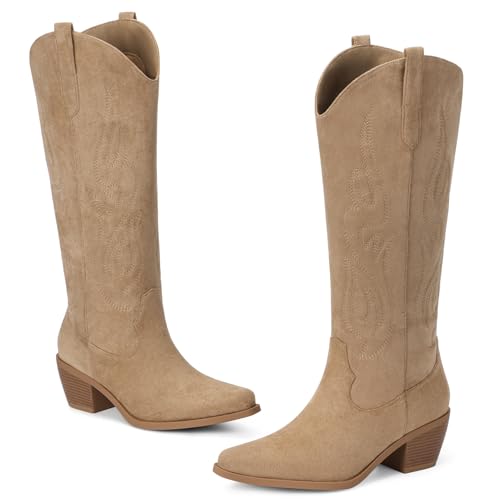 Image of Pasuot Western Cowboy Boots for Women - Knee High Wide Calf Cowgirl Boots, Slip On Pointed Toe Chunky Heel Fashion Retro Classic Pull On Tall Boot for ladies Party concert