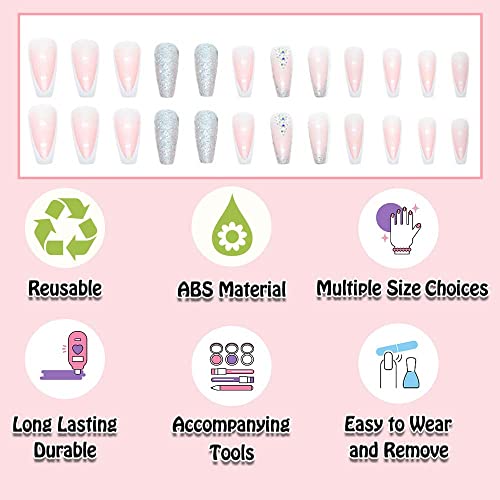 Andging Press On Nails Medium Long Coffin, French Tip Fake Nails For Women With Silver White Bling Glitter Rhinestone Design, Acrylic Glue On Nails False Nails, Stick On Nails For Wedding Birthday 24Pcs #TOP2
