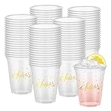 FYSUIMU 200 Pcs Disposable Wedding Plastic Cups Bulk 10oz Gold Cheers Clear Wedding Reception Drinking Cups for Graduation Engagement Bridal Shower Anniversary Birthday Holiday Party Table Supplies