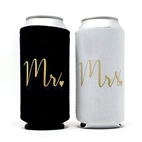 Prazoli Mr and Mrs Slim Can Coolers - Wedding Gifts For Bride and Groom, Bridal Shower Gifts, Couples Gifts, Engagement Gifts For Couples | Just Married Bride Gifts - Gold