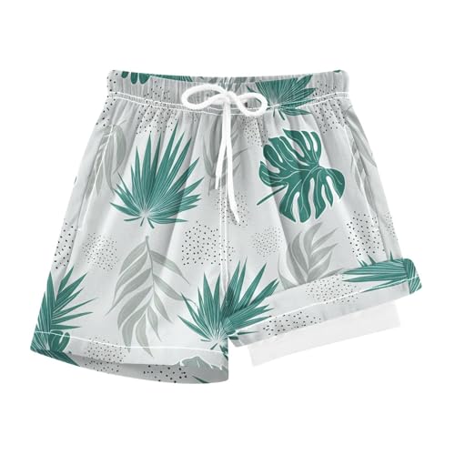 Tropical Palm Leaves Boys Swim Trunks with Compression Liner Quick Dry Bathing Bottom Kids Beach Shorts