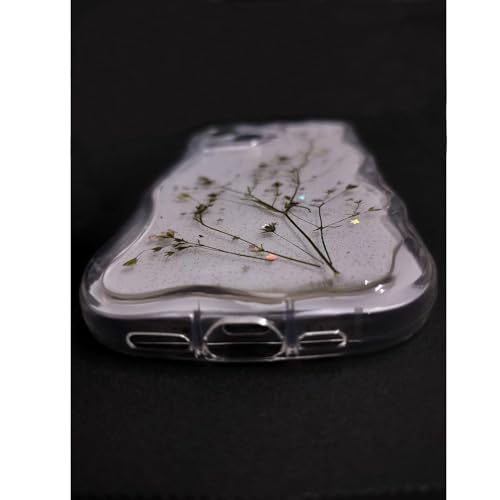 Image of KC Back Cover for Apple iPhone 16 - Curly Wave Flexible Floral Dried Pressed Epoxy Real Flowers Dry Fixed Glitter Soft Silicone Camera Protection Case (Transparent)