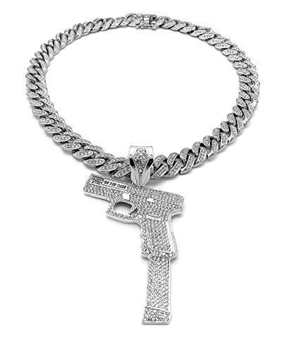 Pyramid Jeweler Mens Hip Hop Gold or Silver Gun Pendant & 12mm Iced Box Lock Miami Cuban Choker Chain Necklace (Silver 18  Set)