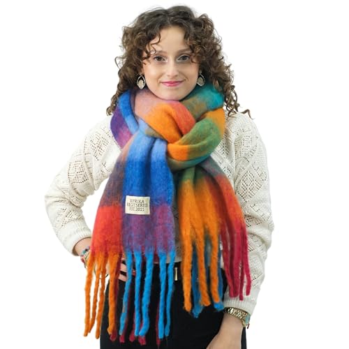 Xifrika Damenschal Winter XXL 248x39cm – Bunt Kariert – Weich, Warm, Extra Groß – 100 % Polyester mit Fransen – Für den täglichen Gebrauch