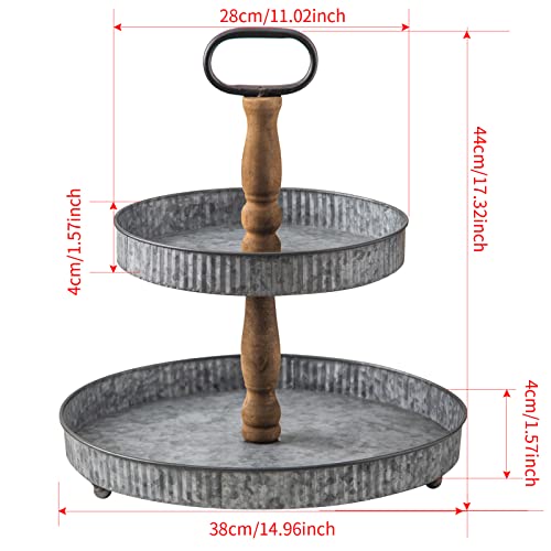 Xuhong Home Round Tray By Decorative Rustic Farmhouse Galvanized Metal Two Tiered Serving Stand For Kitchen And Dining Room Decor (2 Tier) (Gray) #TOP1