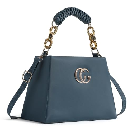 Image of Black Structured Handbag with Gold Chain Handle and Woven Crossbody Strap, Faux Leather