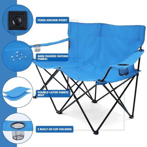 Leonyo Loveseat Camping Chair, 600D Oxford Fabric Portable Outdoor Folding Double Seat Lawn Chairs for Adults with Carrying Bag for Beach, Backyard, Fishing, Blue - Thumbnail 4