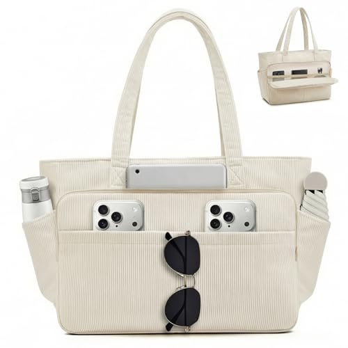 Jiliyote Cord Tasche Damen Große Shopper Tote Bag mit 15 6 Zoll Laptopfach und 12 Fächern Handtasche mit Reißverschluss und Baumwollfutter Arbeitstasche für Uni Schule & Everyday (Beige)