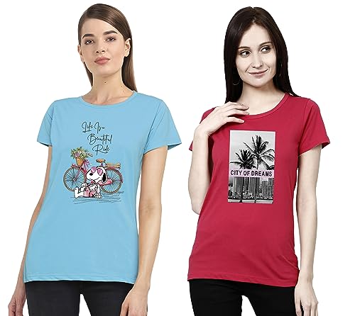 Image of Combo Women's T-Shirts, Cotton Half Sleeves Round-Neck Printed T-Shirt for Girls, & Women Tees (Pack of 2) 960-980-