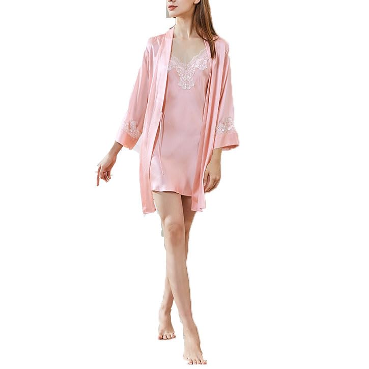 SXHEYUY Damen 2 Stück Robe Mini Nachthemd Sexy V-Ausschnitt Sling Seide Spitze Unterwäsche Dessous Nachtwäsche