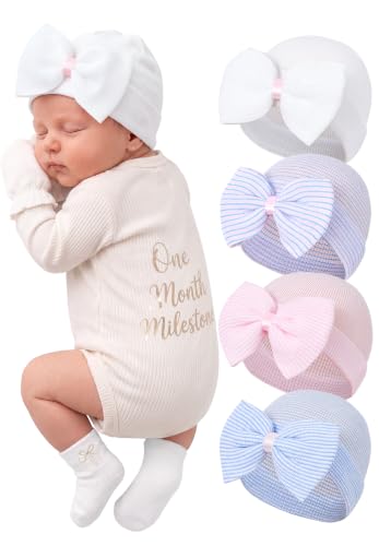 Image of Zando Hospital Newborn Hat Girl with Bow Infant Baby Beanie First Photos | Stretch-cotton knit hats for newborn girls, hospital bags, coming home, nursery, sleep, photos, and baby shower gifts.