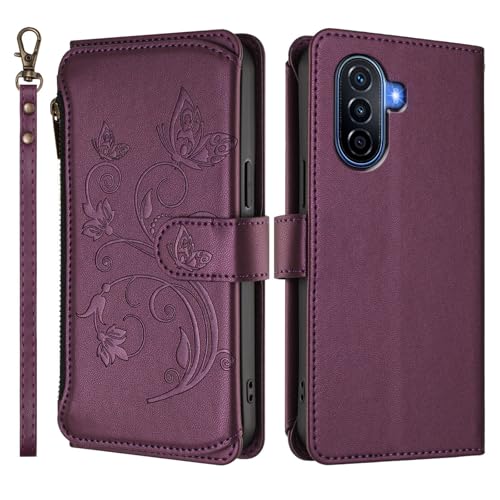 Wallet Case for Huawei Pura 50 4G Cover, Butterfly PU Leather Magnetic Closure Stand Phone Cover with 5 Card Holder Strap Shockproof for Women Protective Case for Huawei Pura 50 4G Shell (Fuchsia)